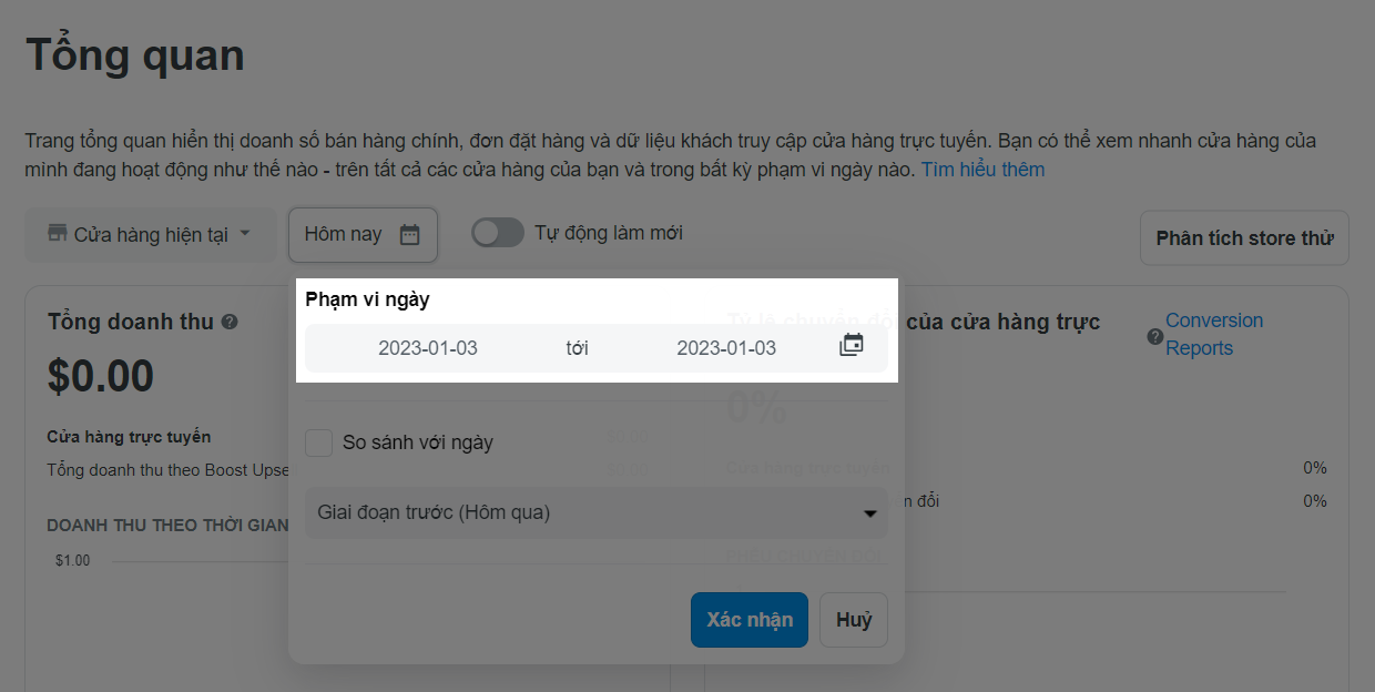 Nhấp vào ngày để thay đổi khoảng thời gian hiển thị báo cáo
