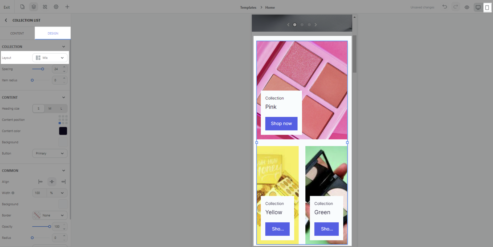In Mobile version, the layout of the block Collection list is Mix