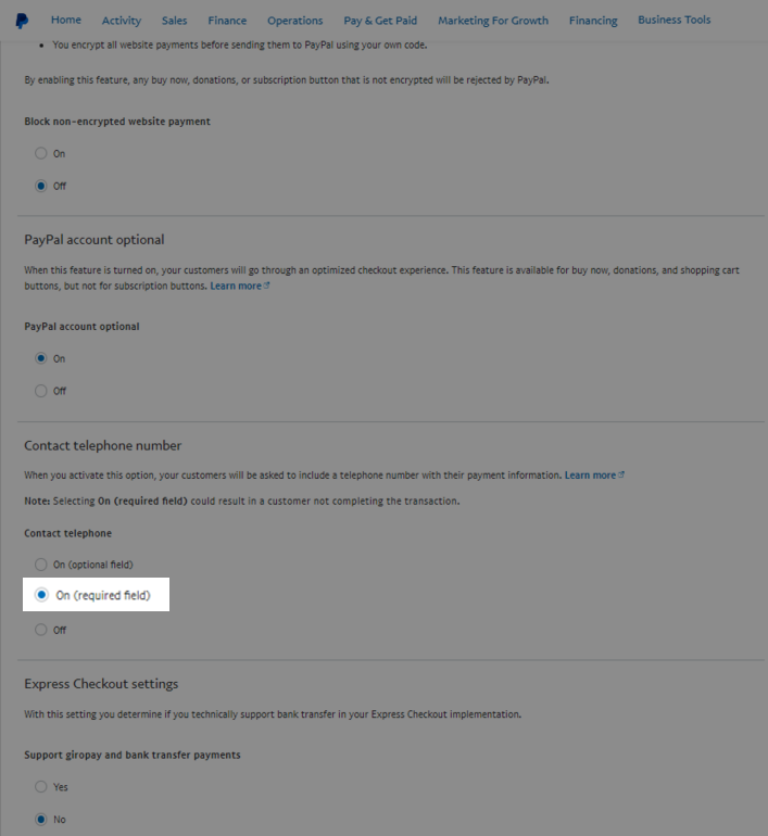 Require phone number on Paypal