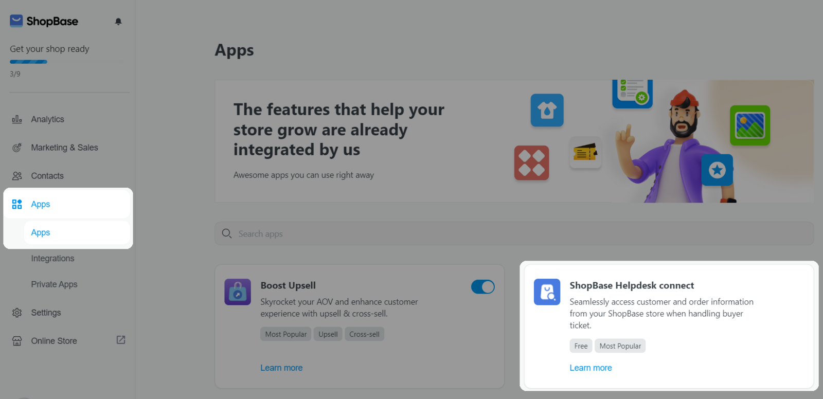 ShopBase Helpdesk Connect trong giao diện Website Builder