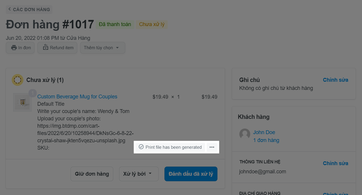 Trong trang chi tiết đơn hàng, tệp in đã được tạo thành công cho đơn hàng